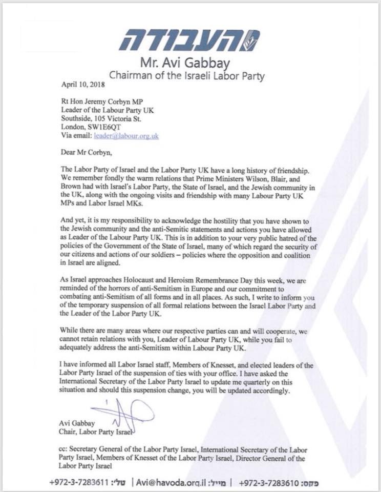 Suspension of ties with Labour UK Chair Corbyn havoda